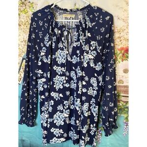 Michael Kors Navy Blue Floral Tie-Neck Blouse